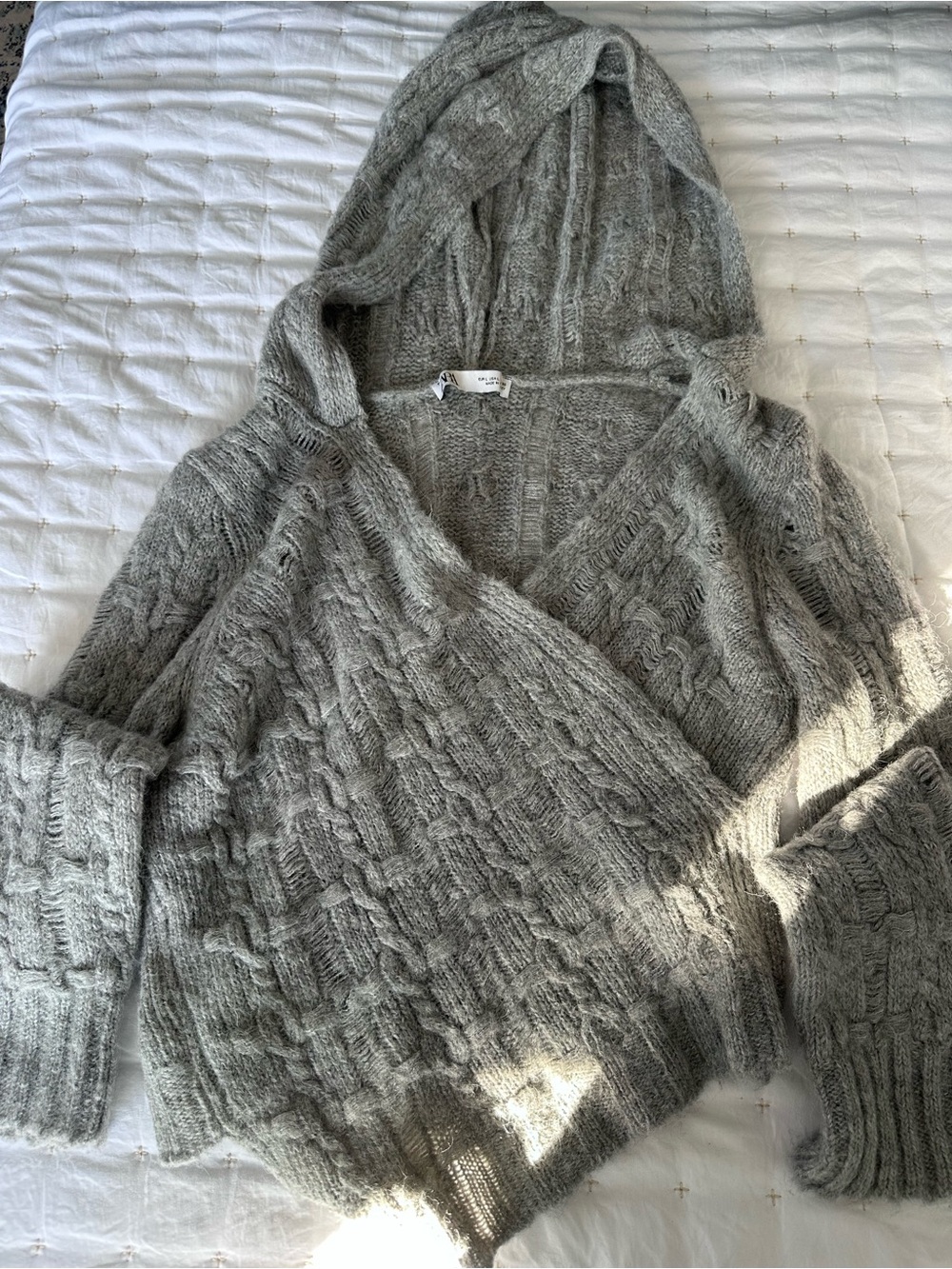 Zara Gray Cable-Knit V-Neck Hooded Sweater